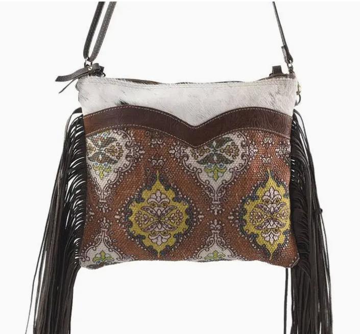 Brown Crossbody with Fring Fur Canvas and Zipper Closure
