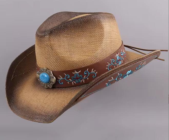 Brown Turquoise Straw Cowgirl Hat