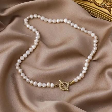 Fashion Fresh Water Pearl Necklace Simple OT Buckle Pearl Beaded Chain Short Choker Necklace