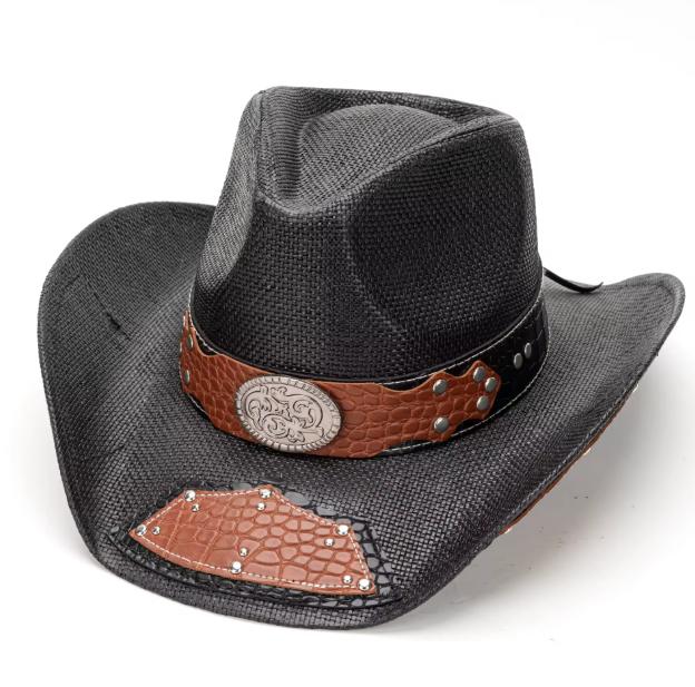 Black Straw Leather Cowboy Hat