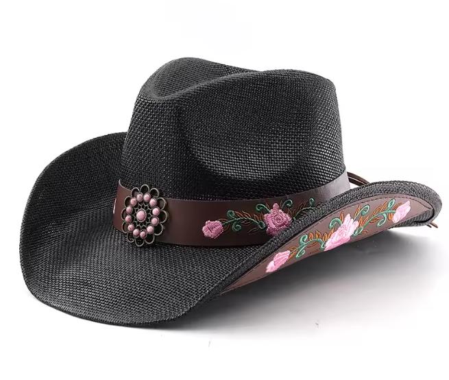 Black Rose Straw Cowgirl Hat