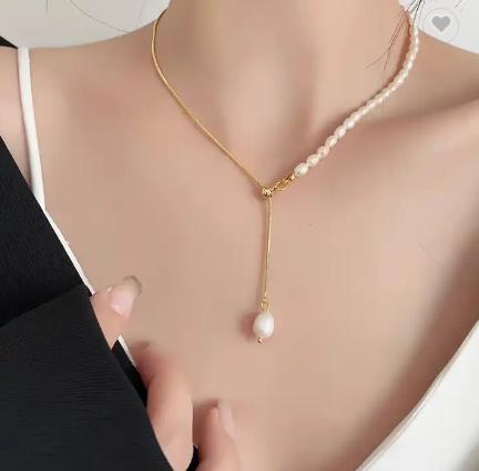 2202 Summer Pearl Beaded Necklace Gold Chain Freshwater Pearl Clavicle Necklace