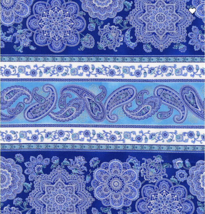 Blue Floral Medallion Stripe Metallic Premium Cotton Fabric